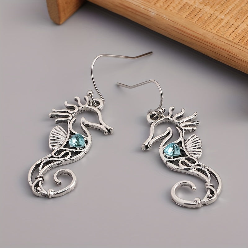 Ocean Blue Stone Hook Drop Earrings with Seahorse Animal Vintage Metal Design Ladies