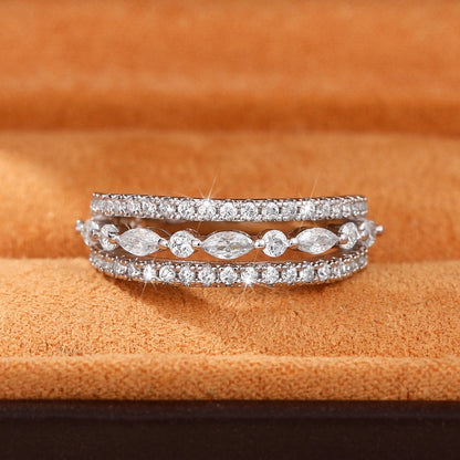 3 Rows Shape Women's Ring 925 Silver Plated Geometric Round Zircon Women's Fashion Accessories Jewelry