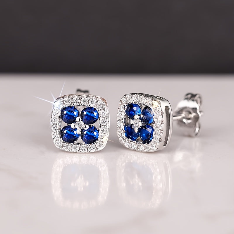 Simple and elegant square stud earrings set with blue synthetic gemstones, engagement banquet, party jewelry, everyday casual accessories for women