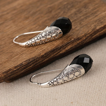 Retro metal hand-carved pattern earrings with black stone hook earrings