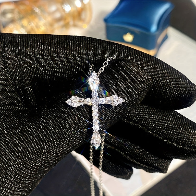 Exquisite Zirconia cross pendant necklace, Women's wedding engagement daily wear necklace
