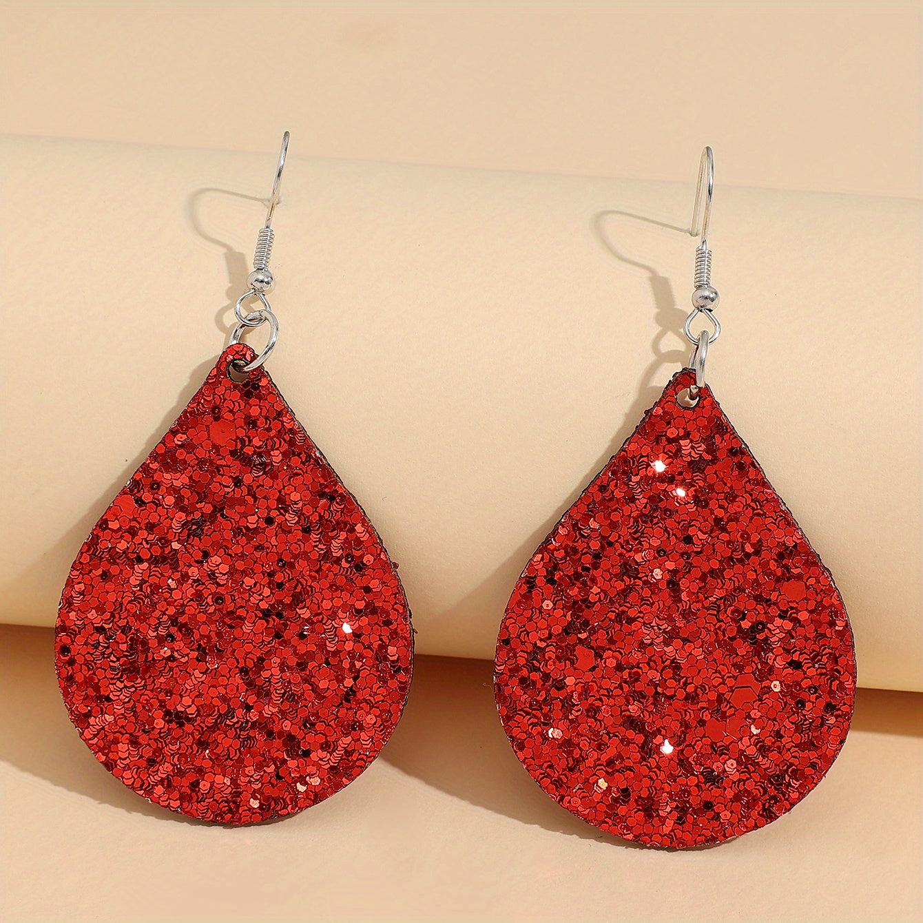 Christmas red water drop sequined PU leather earrings