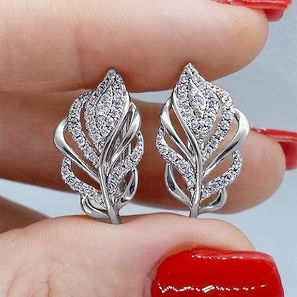 Delicate leaf design ring earrings, copper jewelry, inlaid with shiny Zirconia, elegant and luxurious style, Women's daily party wear
