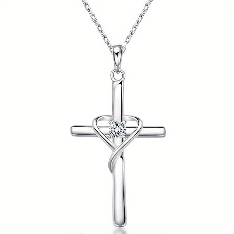 925 Silver Plated Zirconia Necklace with Stylish Heart Cross Pendant Women's, Wedding Anniversary Gift, Faith Jewelry