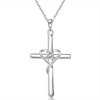 925 Silver Plated Zirconia Necklace with Stylish Heart Cross Pendant Women's, Wedding Anniversary Gift, Faith Jewelry