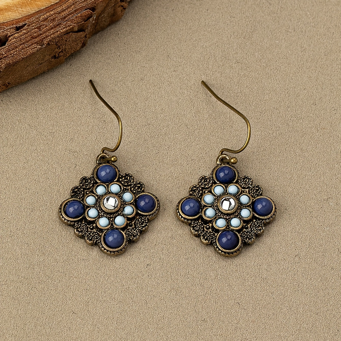 Blue patterned square pendant earrings