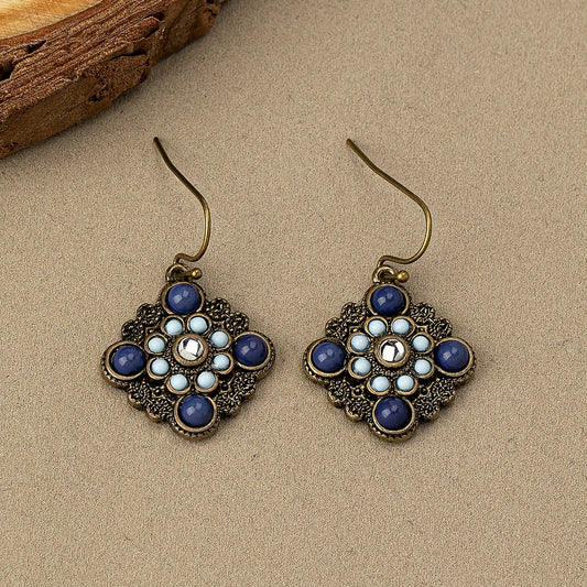 Blue patterned square pendant earrings