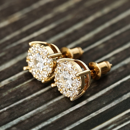 Party Ready, Elegant 18K Gold Plated Round Zirconia Earrings - Sparkling Halo Design, Nickel Free Copper for Casual Attire and Parties