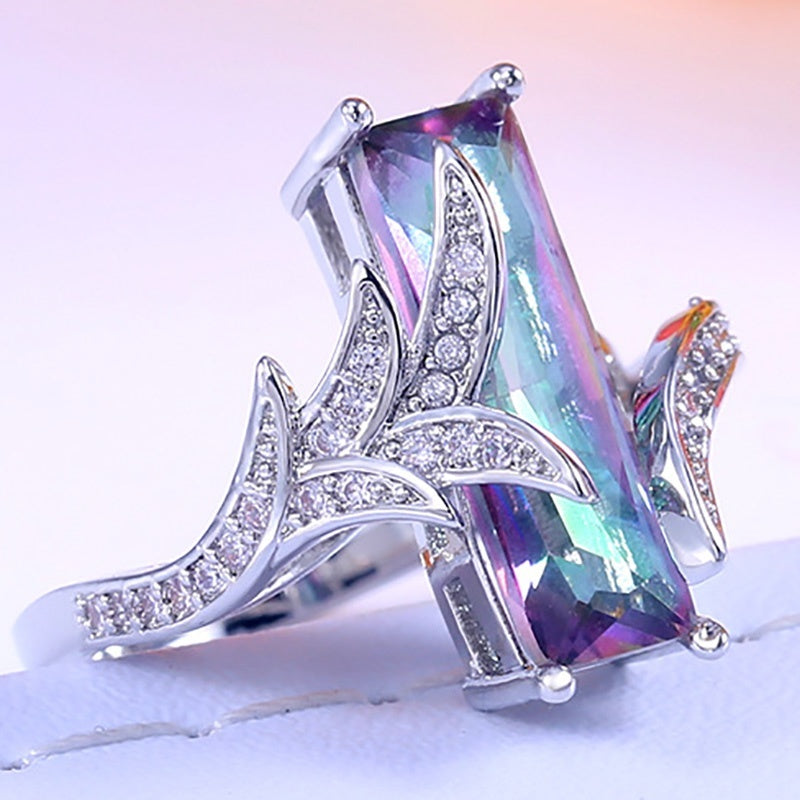 925 Silver Plated New Fashion Rainbow Square Topaz Ring Ladies Banquet Party Jewelry Gift