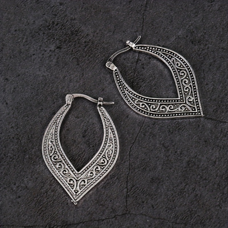 Bohemian Retro Square Engraved Earrings - Silver Galvanized Alloy, Ladies Fashion Hook Design