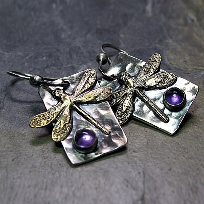 Vintage geometric square dragonfly earrings with purple resin accents - alloy and iron, perfect for casual wear, dragonfly jewelry