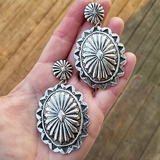 Silver Flower Pattern Carved Pendant Earrings Vintage Ethnic Style Alloy Jewelry Exquisite Women's Gifts Daily Casual