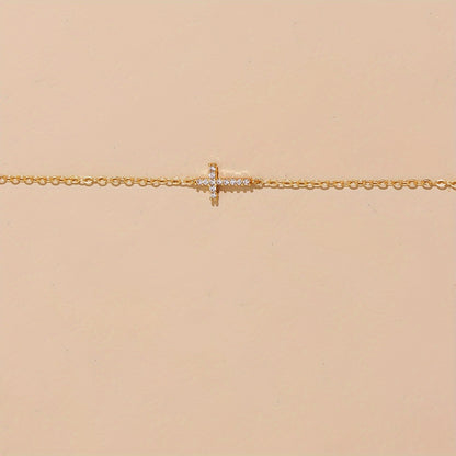 Elegant Gold Cross Pendant Necklace with Sparkling Cubic Zirconia - Exquisite Vintage Style Women's Collarbone Chain, Ideal for Birthday or Holiday Gifts, Cross Necklace