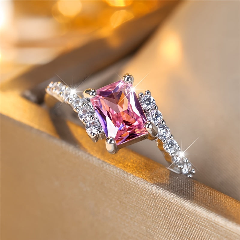 Cute Ladies Pink Square Synthetic Zircon Ring Exquisite Luxury Wedding Jewelry