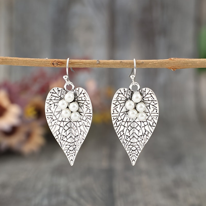 Whimsical Glow, Stylish Vintage Heart & Leaf Pendant Earrings, Accessories Imitation Pearl - Silver Plated, Zinc Alloy, Casual Wear, Whimsical Earrings