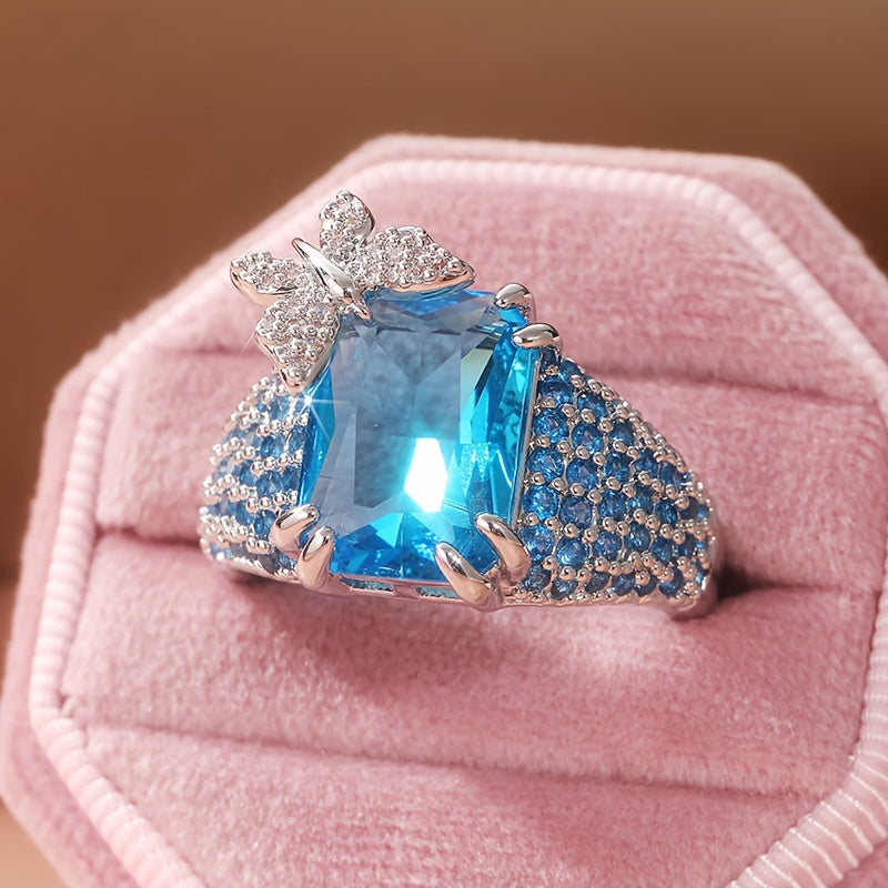 Luxury Blue Topaz Butterfly Cocktail Ring, Gemstone Retro Ring, Big Butterfly Inspiration Ring, Women's Party Wear Ring