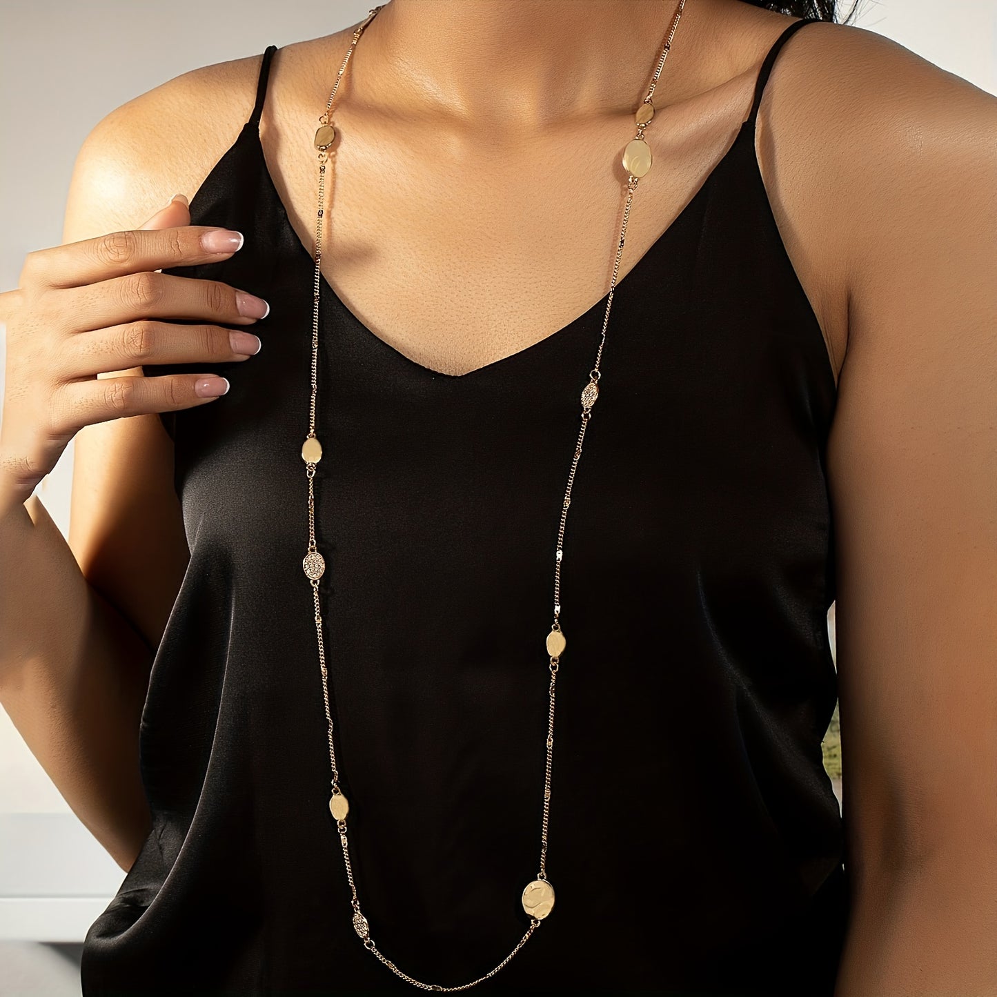 Retro simple metal style long necklace sweater chain, can be worn alone or stacked