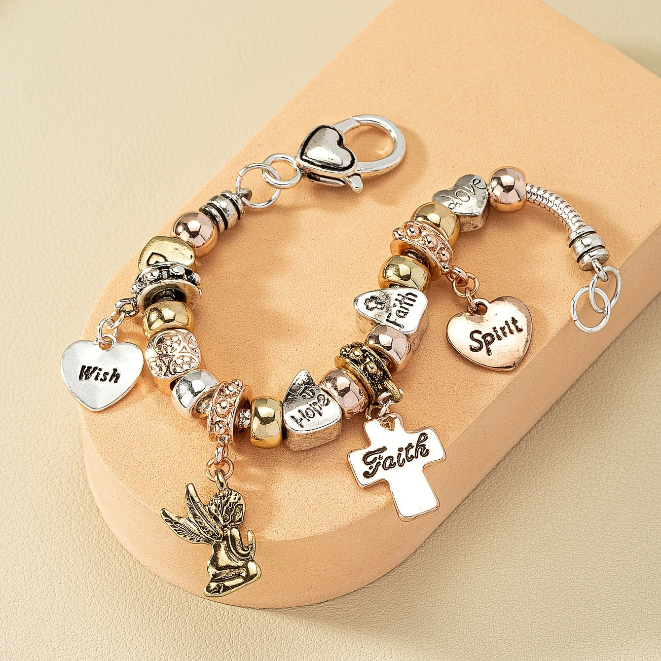 Snake chain beaded bracelet cross and heart shape pendant sweet alloy bracelet ladies