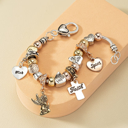 Snake chain beaded bracelet cross and heart shape pendant sweet alloy bracelet ladies