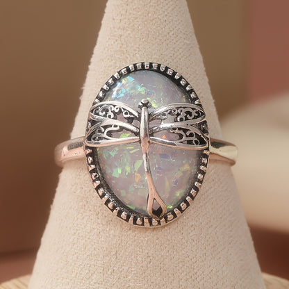 Vintage Bohemian Female Dragonfly Ring with Copper Base and Synthetic Opal, 925 Silver Plated - Perfect for Christmas, Seasons, Everyday Wear and Gifts