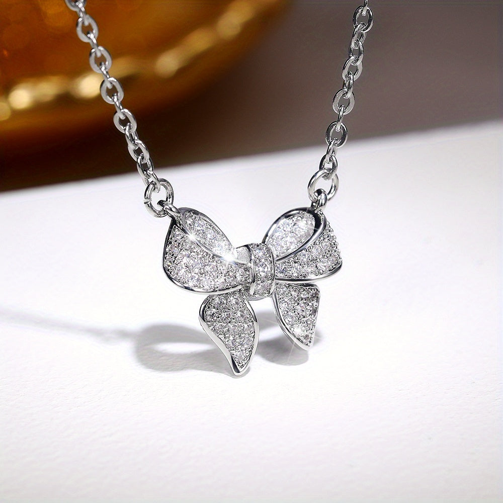 925 Silver Plated Elegant Bow Zircon Pendant Necklace Women's, Simple Elegant Engagement Clavicle Necklace, Wedding Anniversary Jewelry Accessories