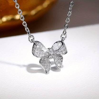 925 Silver Plated Elegant Bow Zircon Pendant Necklace Women's, Simple Elegant Engagement Clavicle Necklace, Wedding Anniversary Jewelry Accessories