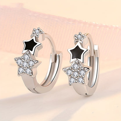 Fashion 925 Silver Plated Zirconia Black Enamel Star Ring Earrings Women's Casual Accessories