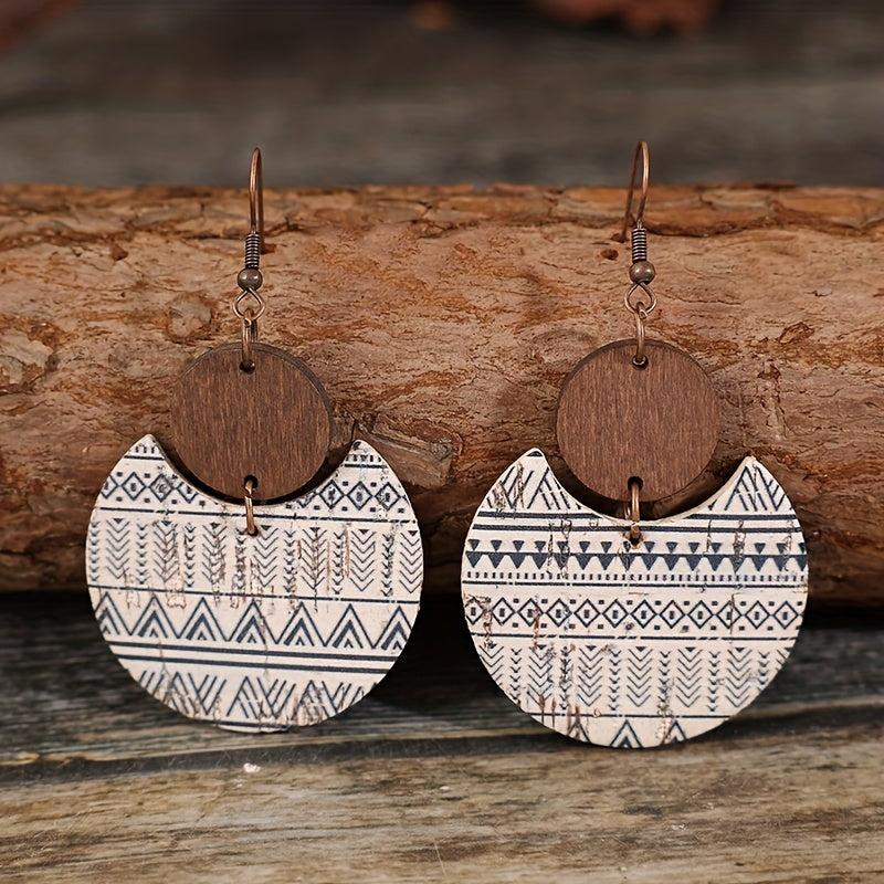 Trendy women's gifts, showing a thick crescent-shaped symmetrical geometric pattern pendant earrings, retro bohemian resin jewelry