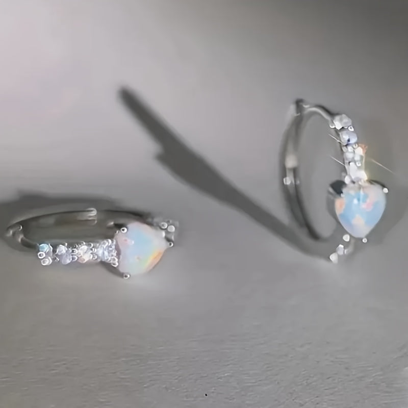 Heart-shaped synthetic opal and cubic Zirconia ring earrings, elegant and cute style ladies engagement party banquet jewelry, the perfect gift for women