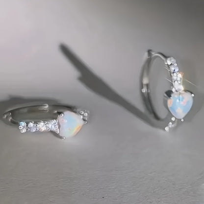 Heart-shaped synthetic opal and cubic Zirconia ring earrings, elegant and cute style ladies engagement party banquet jewelry, the perfect gift for women