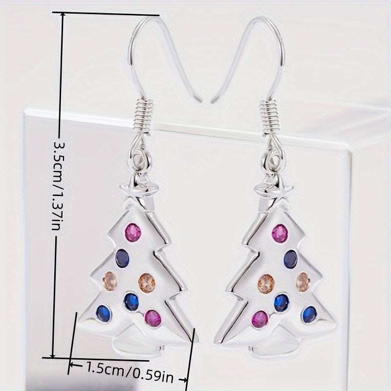 Ladies Elegant Christmas Tree Pendant Earrings, Colored Synthetic Cubic Zirconia, Lovely Holiday Themed Copper Hook Earrings, Nickel Plated Lead Free, Perfect for Everyday and Party Occasions - 1 Pair
