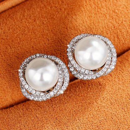 1 pair of classic elegant imitation pearl stud earrings, bridal wedding engagement banquet earrings, pearl earrings