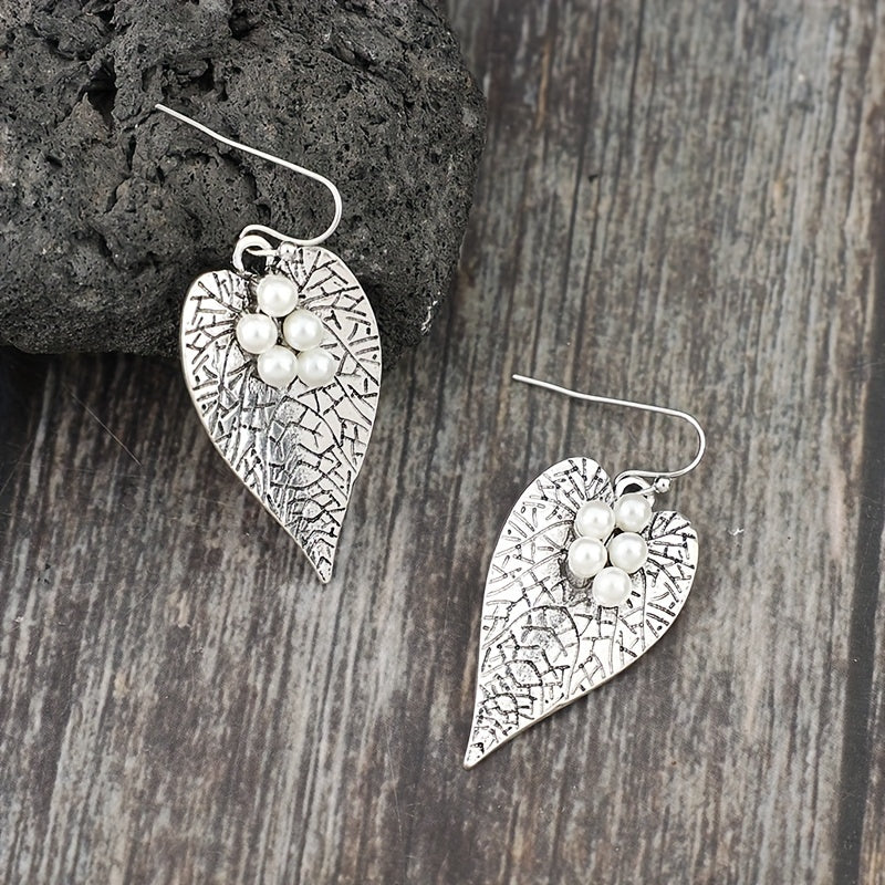 Whimsical Glow, Stylish Vintage Heart & Leaf Pendant Earrings, Accessories Imitation Pearl - Silver Plated, Zinc Alloy, Casual Wear, Whimsical Earrings