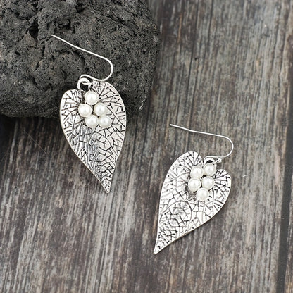 Whimsical Glow, Stylish Vintage Heart & Leaf Pendant Earrings, Accessories Imitation Pearl - Silver Plated, Zinc Alloy, Casual Wear, Whimsical Earrings