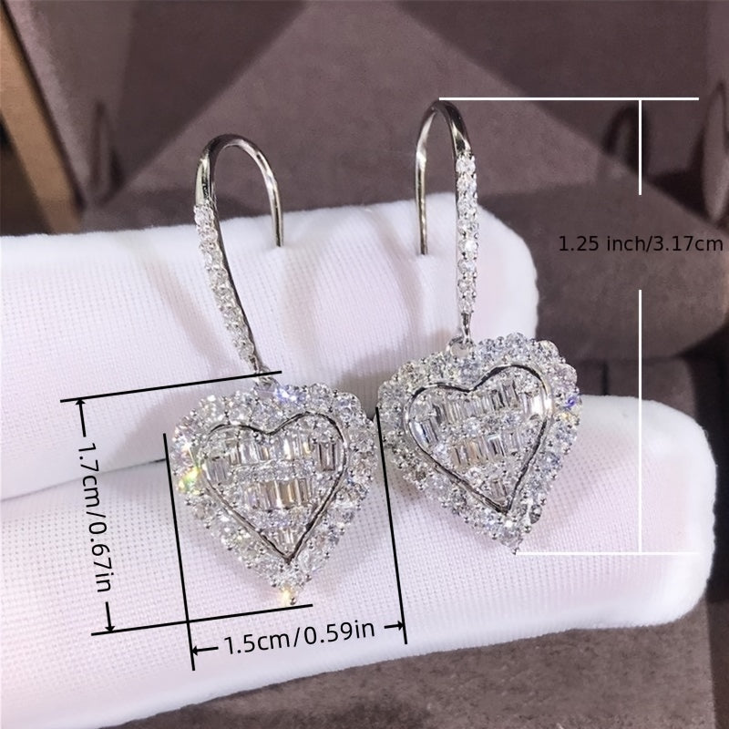 Heart-shaped hook earrings with sparkling zircon, elegant copper, exquisite jewelry gifts.