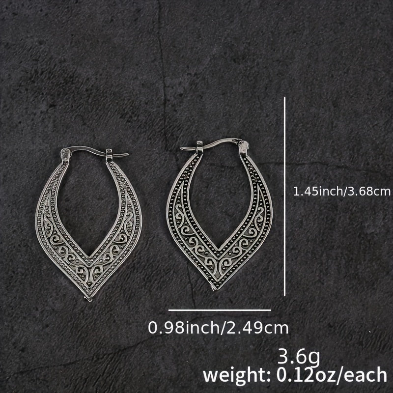 Bohemian Retro Square Engraved Earrings - Silver Galvanized Alloy, Ladies Fashion Hook Design