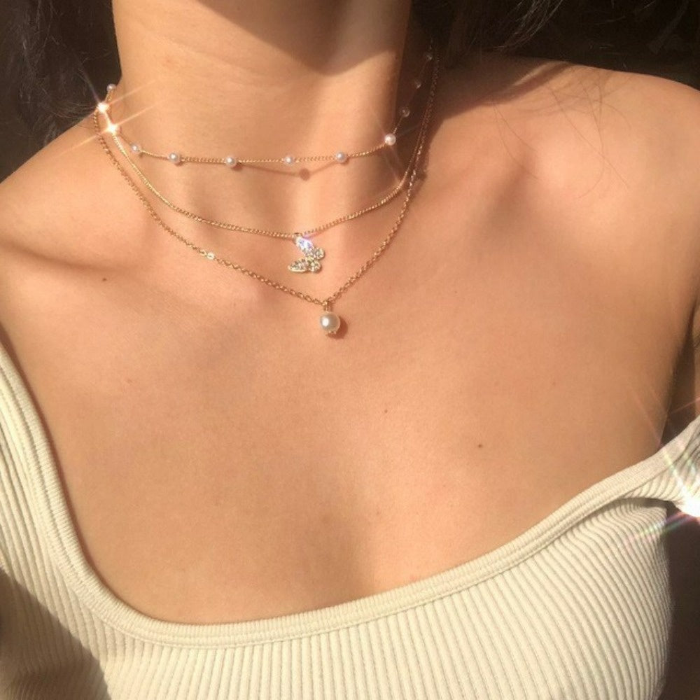 Multi-layer Pearl Full Diamond Butterfly Necklace Female Tide Internet Celebrities Ins Simple Niche Collarbone Chain New Temperament Necklace