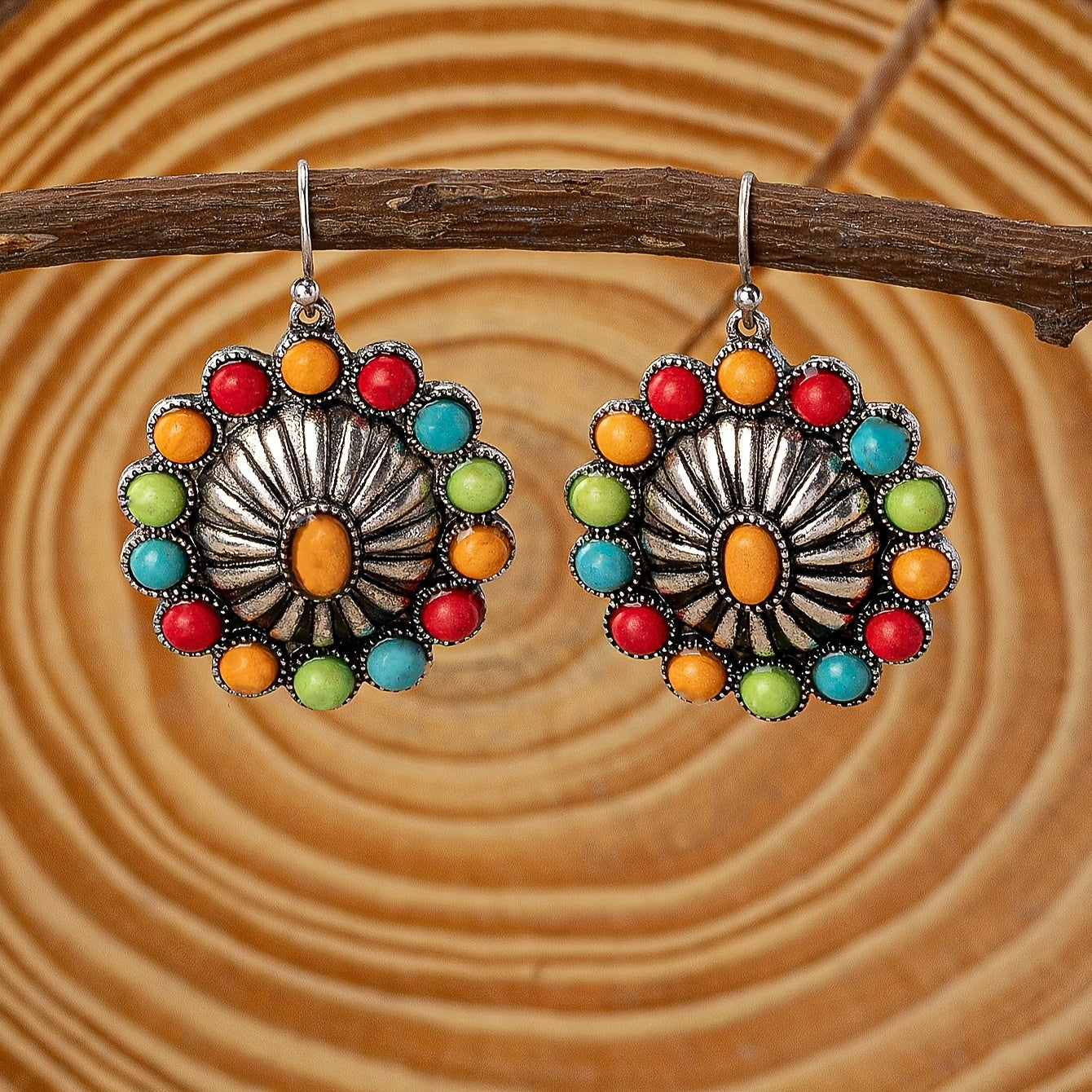 Vintage Sunflower Design Colourful Bead Inlaid Drop Earrings Bohemian Vacation Style Zinc Alloy Jewelry Travel Souvenirs