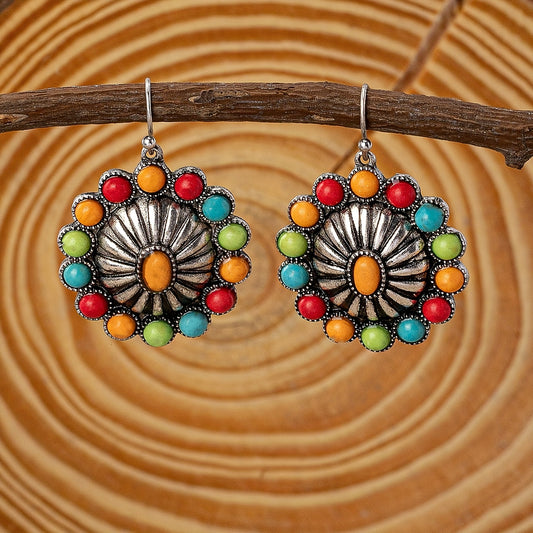 Vintage Sunflower Design Colourful Bead Inlaid Drop Earrings Bohemian Vacation Style Zinc Alloy Jewelry Travel Souvenirs