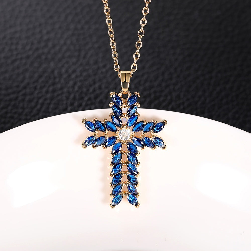 18k Golden Plated Blue Zirconia Cross Pendant Necklace Jewelry For Women Girls