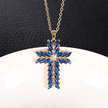 18k Golden Plated Blue Zirconia Cross Pendant Necklace Jewelry For Women Girls