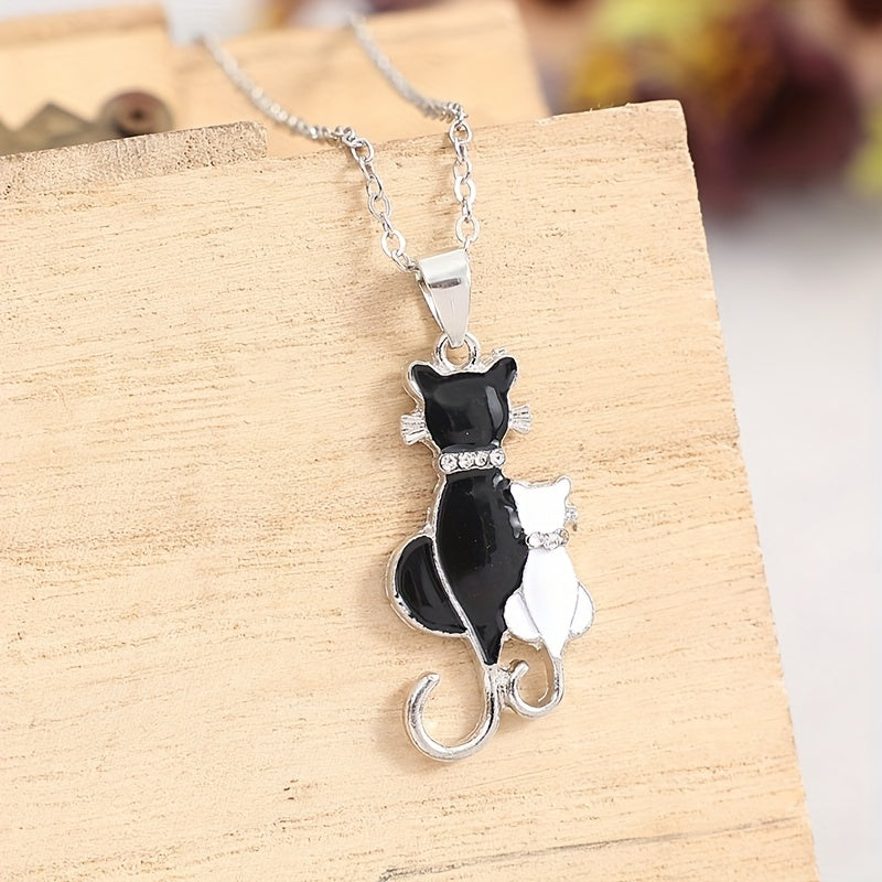 Black and white kitten cat pendant necklace ladies