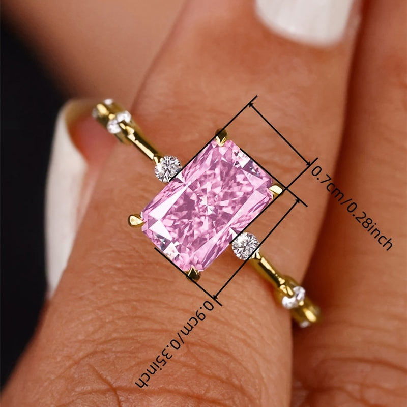 Stylish synthetic gemstone engagement ring, princess square cut, four-claw setting, copper bottom, perfect for weddings, anniversaries, Valentine's Day and parties