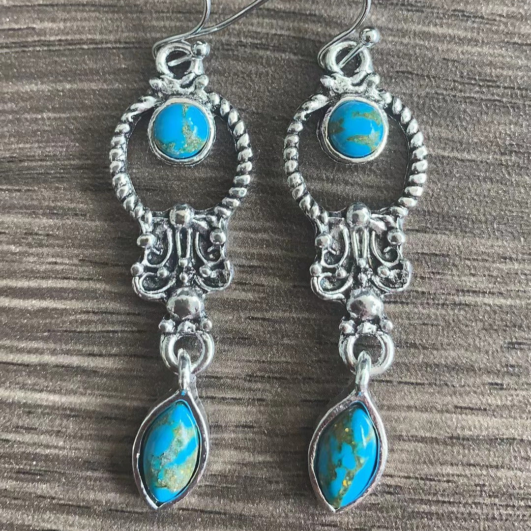 Hollow silver circle design with blue turquoise drop earrings retro bohemian travel souvenir
