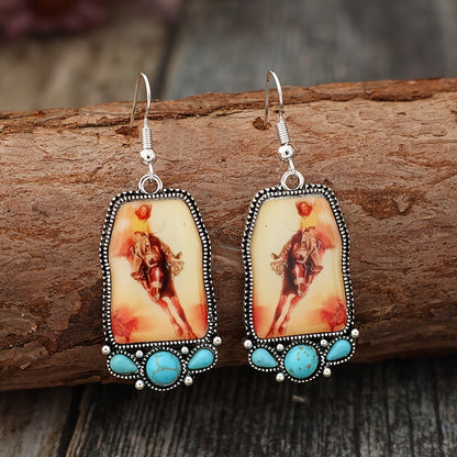 New ethnic style equestrian girl Epoxy geometric inlaid turquoise alloy earrings pair