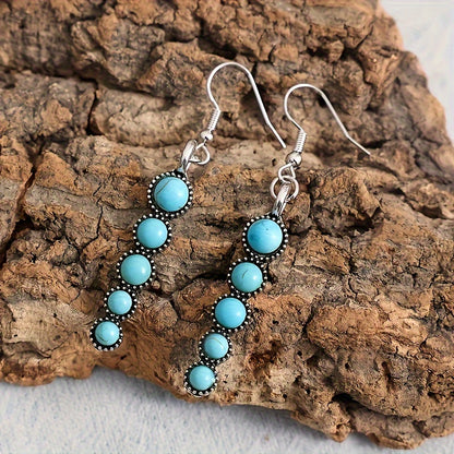 Bohemian Turquoise and Silver Plated Pendant Earrings - Vintage Style, Zinc Alloy with Iron Stud Earrings for Casual Wear, Cross Border, Round, Agate