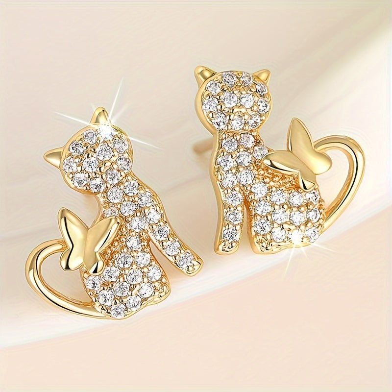 Women's Fashion Cat Earrings - Shiny Cubic Zirconia, Nickel Copper Free, Suitable for Daily Wear and Parties