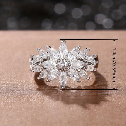 Exquisite silver plated horse eye Zirconia flower ring, Women's wedding proposal romantic party ring jewelry