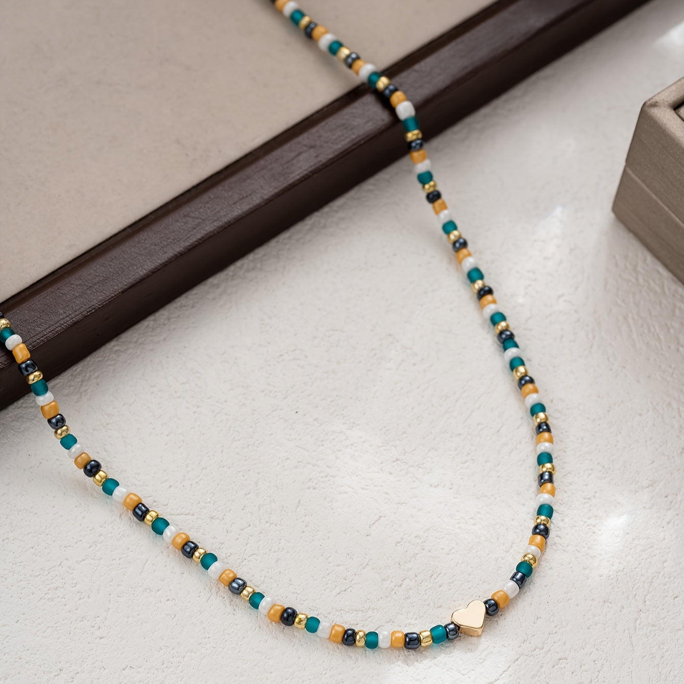 Bohemian Tribal Beaded Necklace with Heart Charm - Beach Vacation Bead Necklace, Everyday Wear Jewelry Accessories - No Plating, Versatile in All Seasons