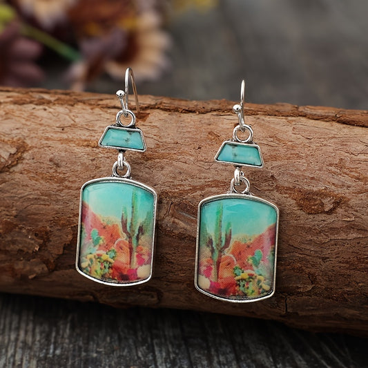 A pair of retro western style desert cactus Epoxy square alloy earrings, simple female Epoxy earrings